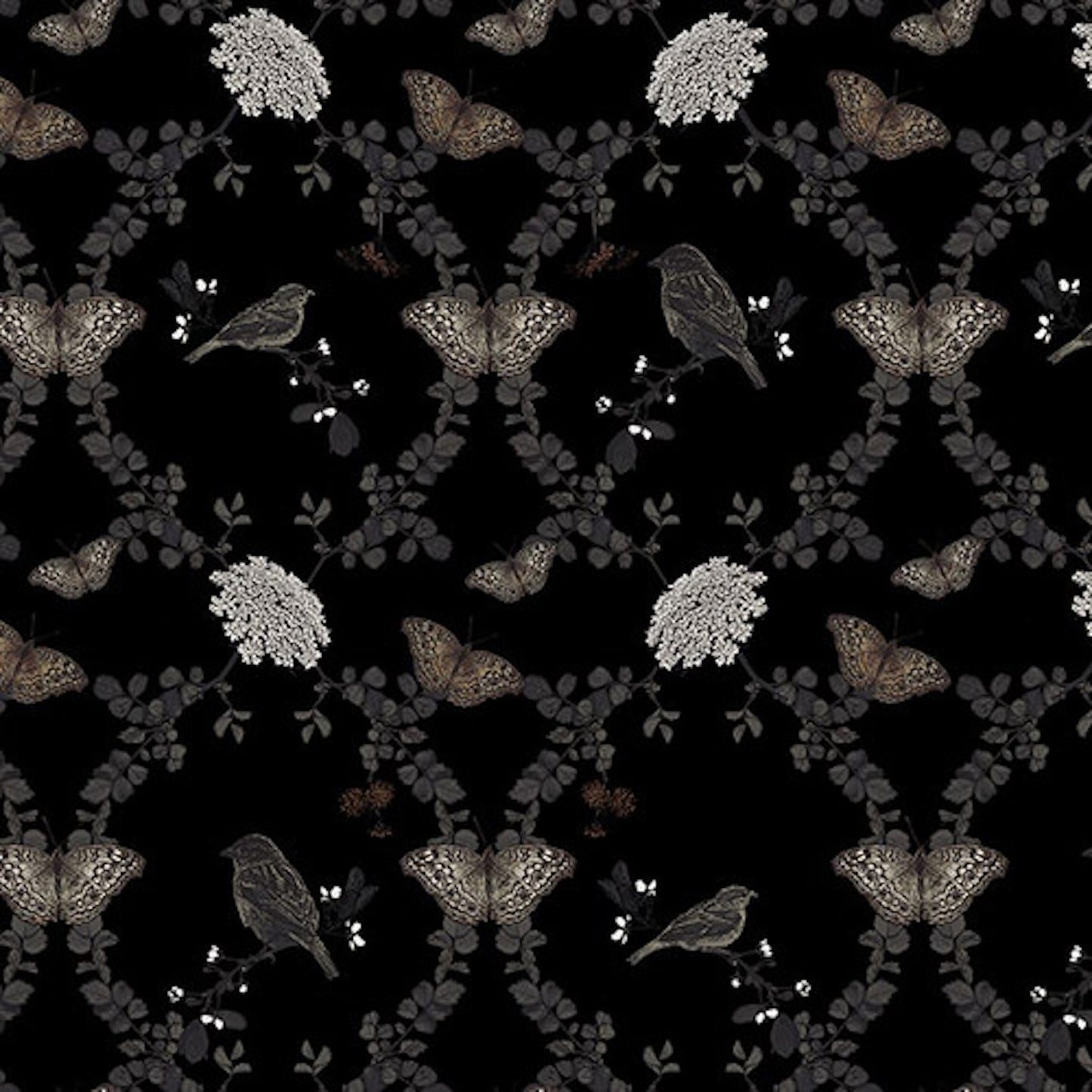 Nature's Whisper- Black Birds, Butterflies, and Flowers: Sold by the 1/2 yard