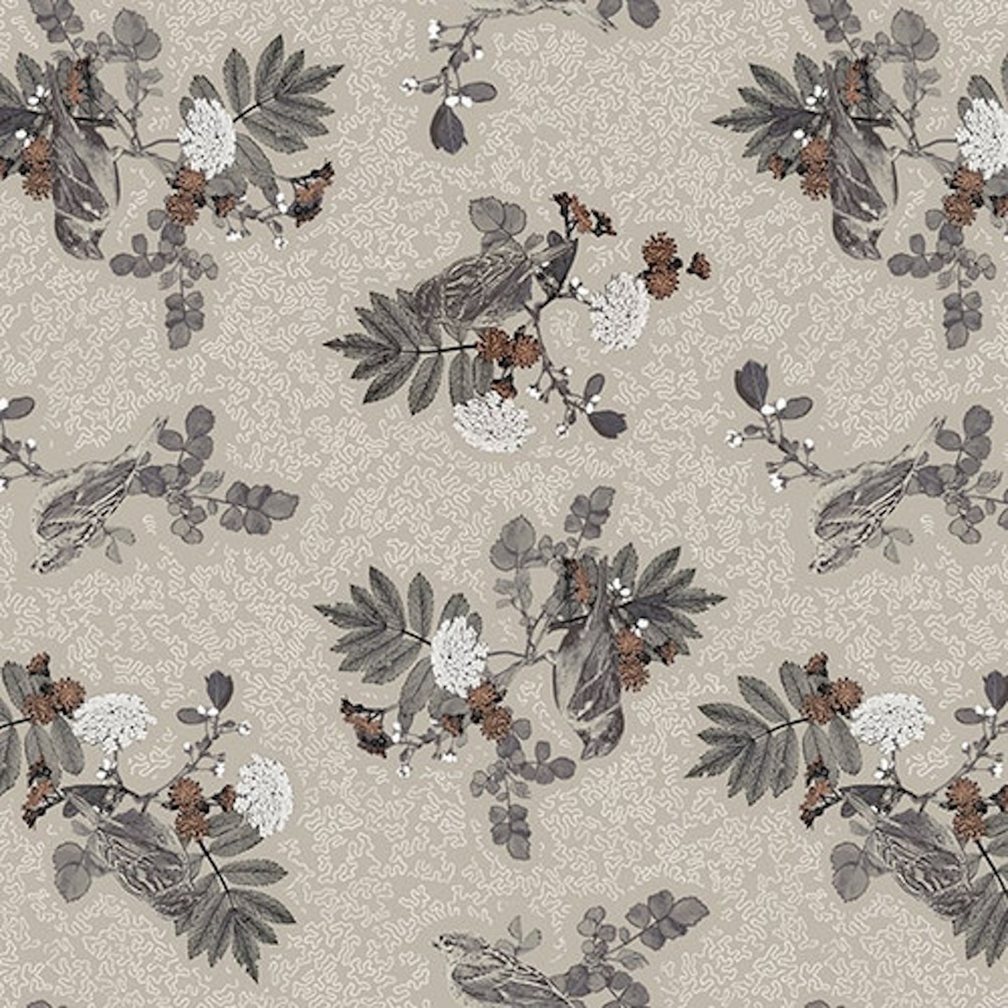 Nature's Whisper- Gray Birds with Flowers and Leaves: Sold by the 1/2 yard