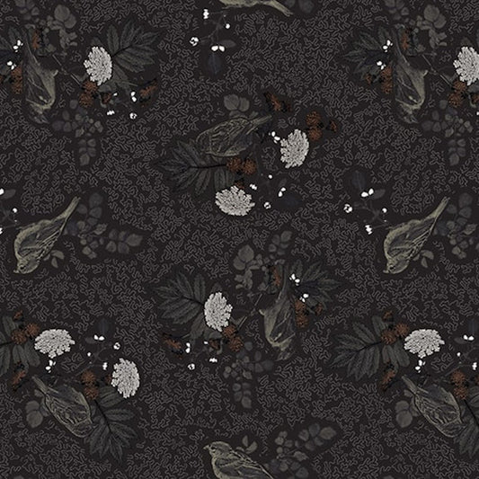 Nature's Whisper- Black Birds with Flowers and Leaves: Sold by the 1/2 yard