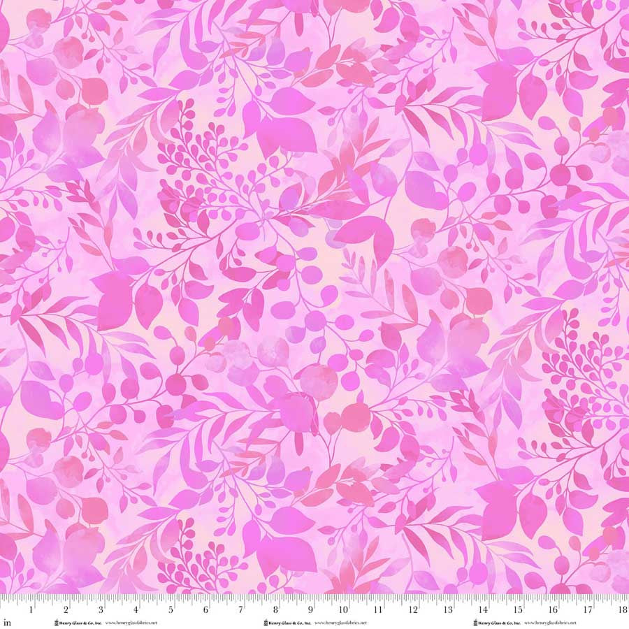 Blissful Blooms- Pink Fern & Foliage: Sold by the 1/2 yard.