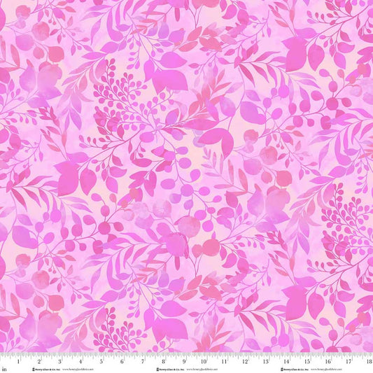 Blissful Blooms- Pink Fern & Foliage: Sold by the 1/2 yard.