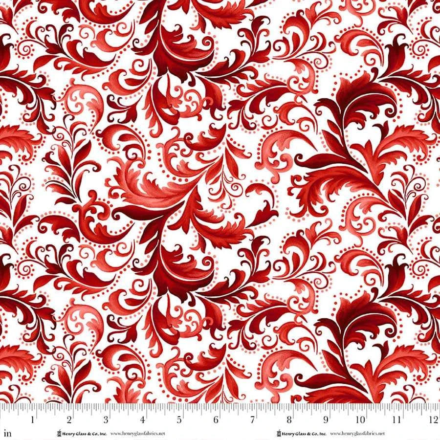 Scarlet's Treasure- White Red Scrolls: Sold by the 1/2 yard