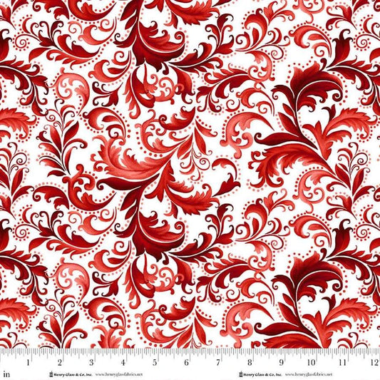 Scarlet's Treasure- White Red Scrolls: Sold by the 1/2 yard