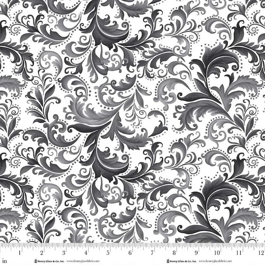 Scarlet's Treasure- White Black Scrolls: Sold by the 1/2 yard
