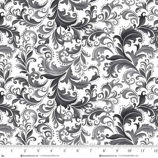 Scarlet's Treasure- White Black Scrolls: Sold by the 1/2 yard
