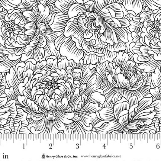 Scarlet's Treasure- White Black Peony Monotone: Sold by the 1/2 yard