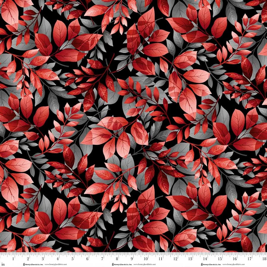 Scarlet's Treasure- Black Red Leaves: Sold by the 1/2 yard