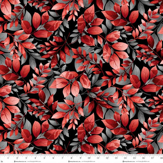 Scarlet's Treasure- Black Red Leaves: Sold by the 1/2 yard