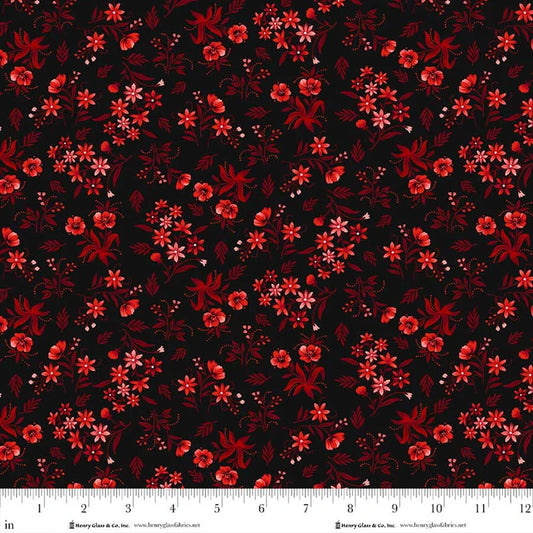 Scarlet's Treasure- Black Red Nosegays: Sold by the 1/2 yard