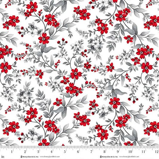 Scarlet's Treasure- White Red Floral Vine: Sold by the 1/2 yard
