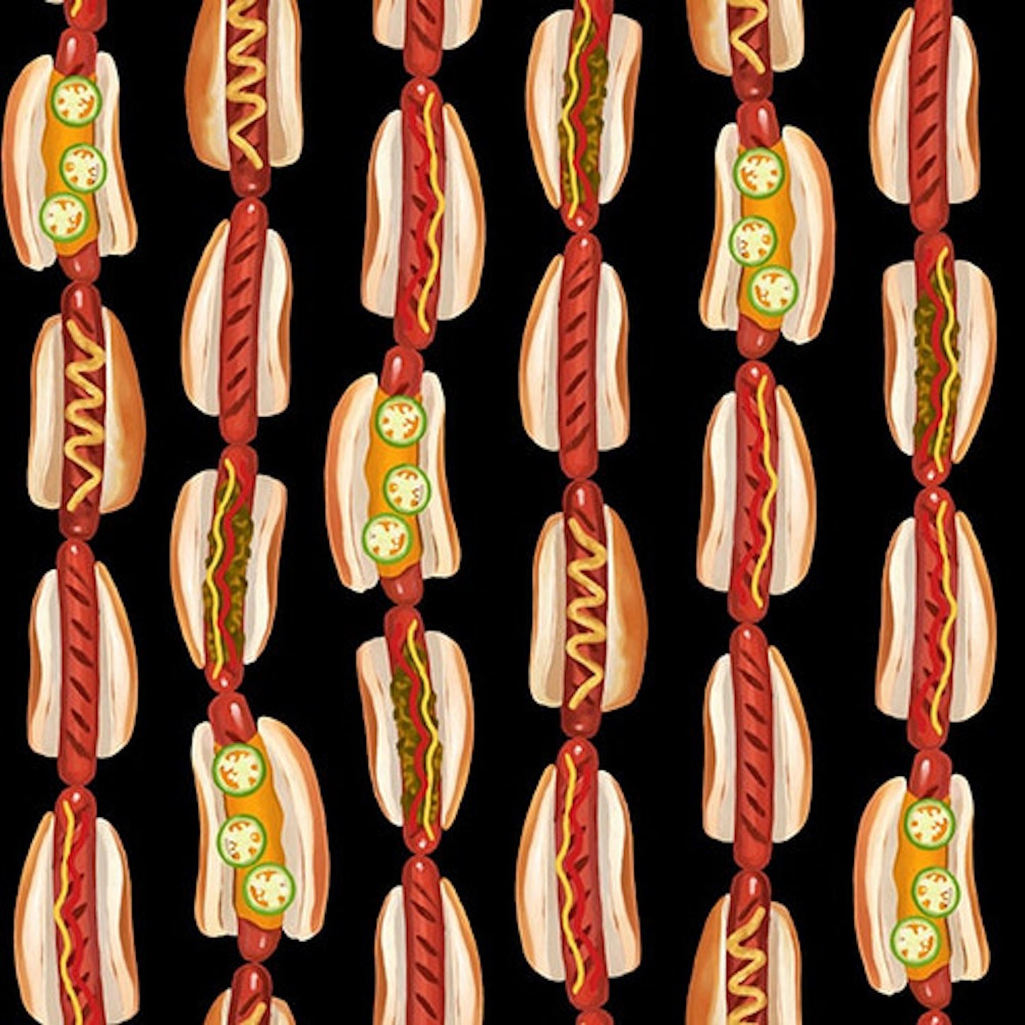 Grill Master- Black Hot Dog Stripe: Sold by the 1/2 yard.