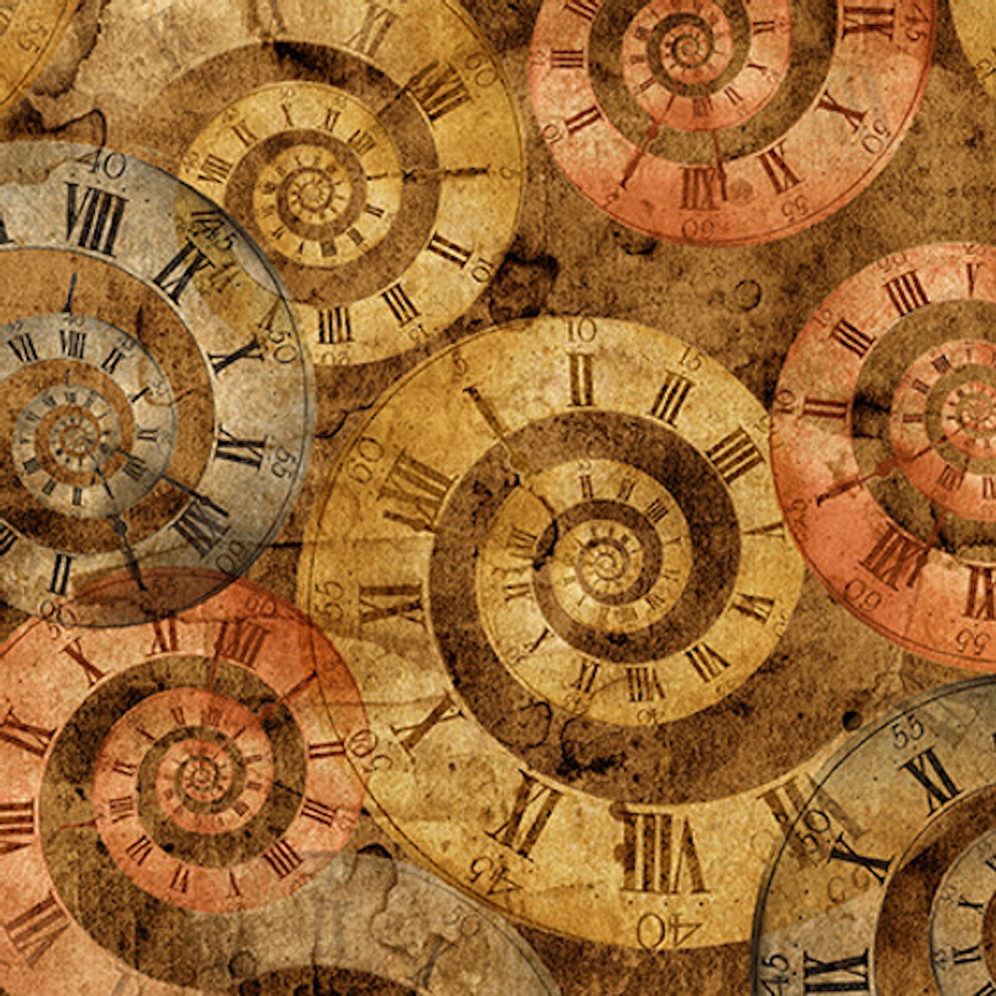 Full Steam Ahead- Cocoa Large Clock Swirls: Sold by the 1/2 yard.