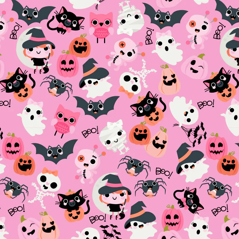Not Scary- Pink Boos with Bows: Sold by the 1/2 yard