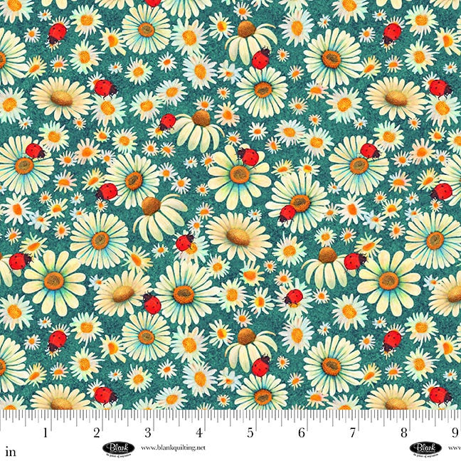 Luminous Haven- Aqua Daisies and Ladybugs: Sold by the 1/2 yard