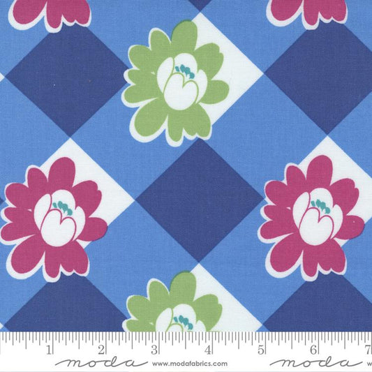 Picnic Pop- Bright Blue Floral Check: Sold by the 1/2 yard