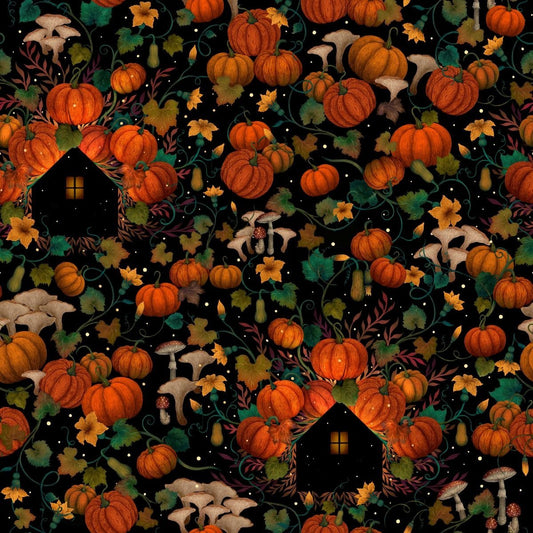 Harvest Haunt- Black Pumpkin House Silhouettes: Sold by the 1/2 yard