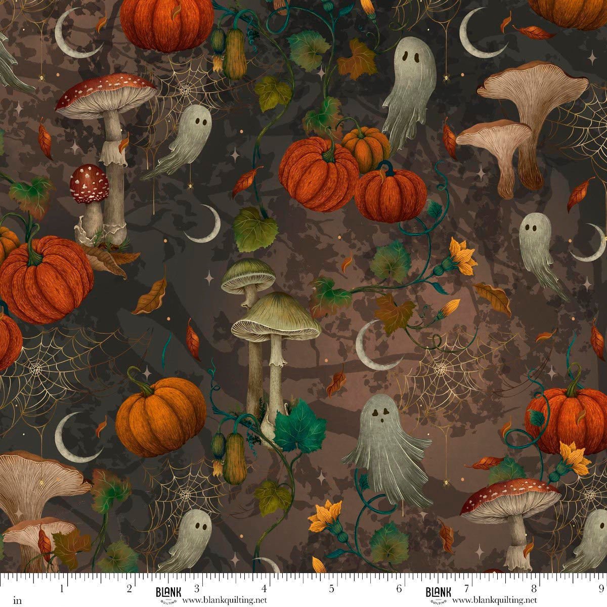 Haunted Harvest- Charcoal Mushrooms & Ghosts: Sold by the 1/2 yard