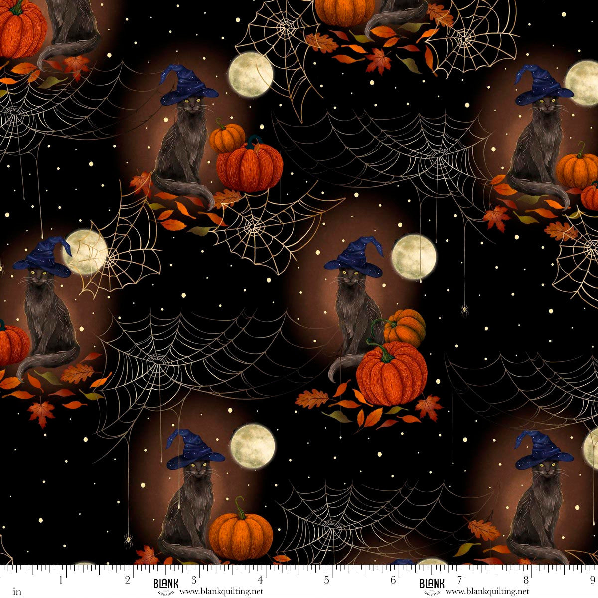 Haunted Harvest- Black Cats and Witch Hats: Sold by the 1/2 yard