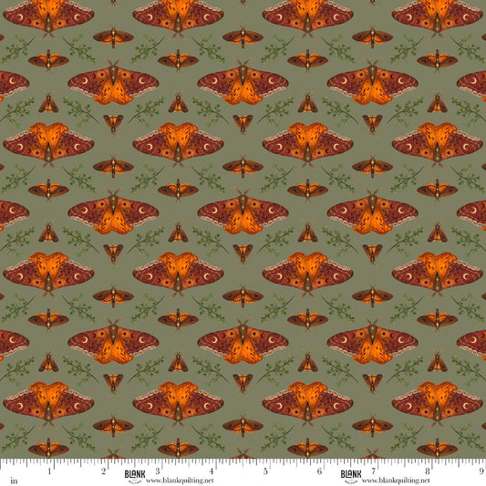 Harvest Haunt- Green Moths: Sold by the 1/2 yard