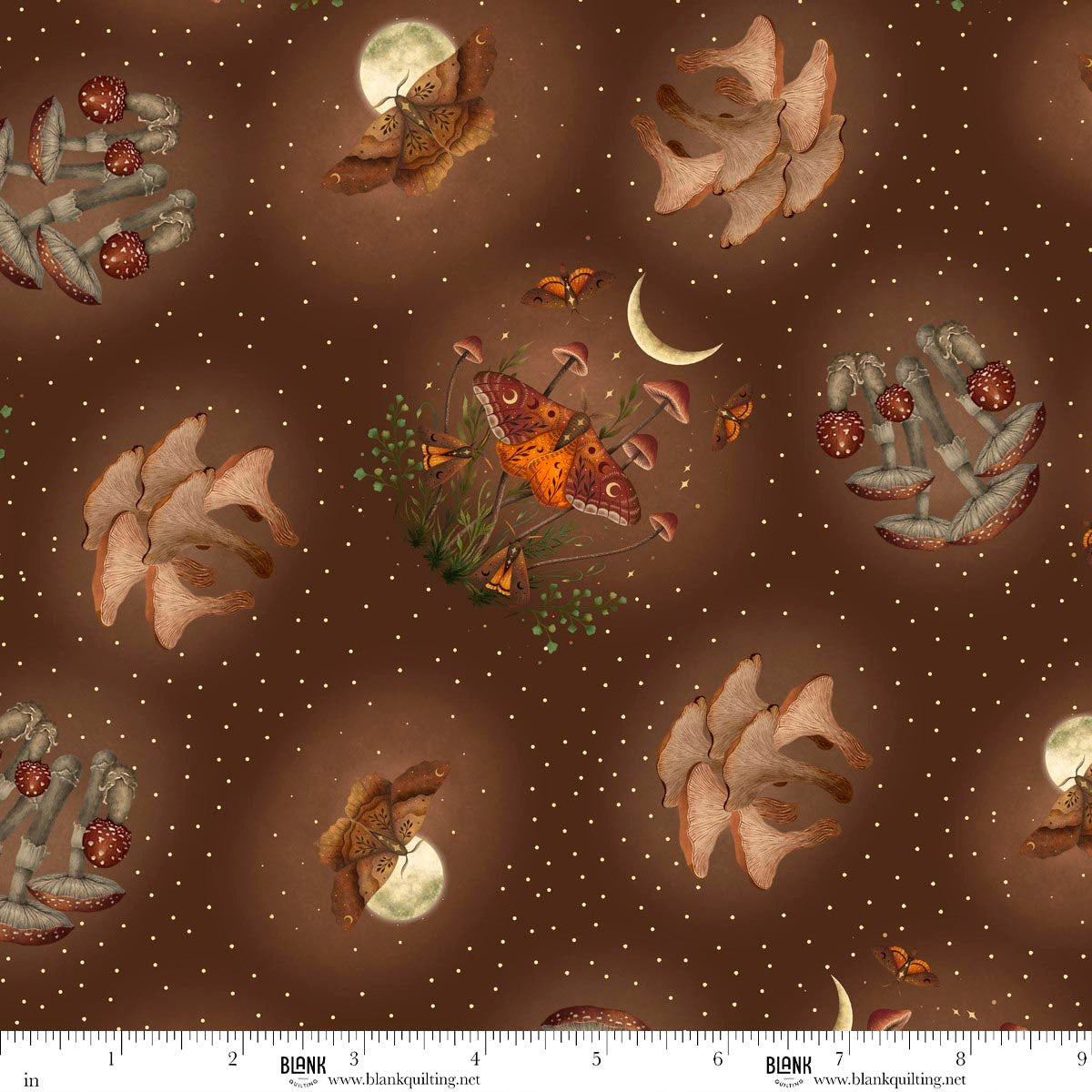 Haunted Harvest- Brown Moths and Mushrooms: Sold by the 1/2 yard