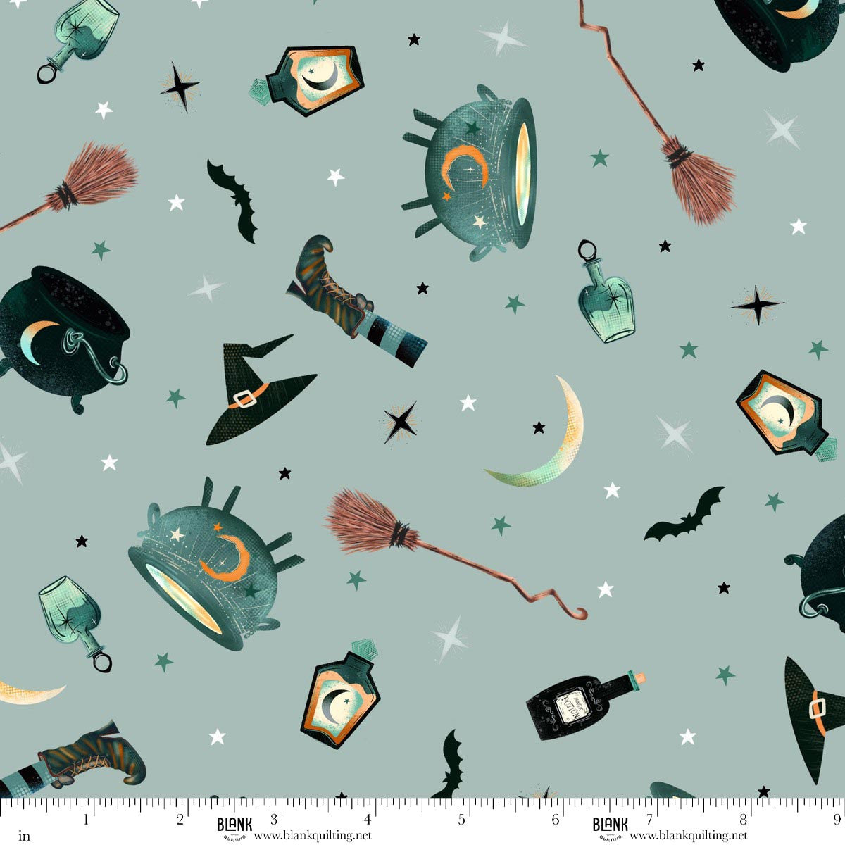 Witchy Wicked- Dusty Blue Witchy Goods: Sold by the 1/2 yard
