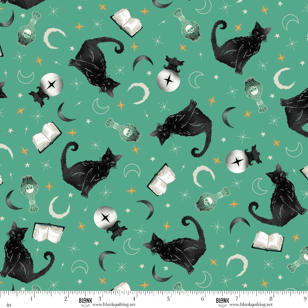 Witchy Wicked- Turquoise Black Cats, Crystal Balls, & Potion Books: Sold by the 1/2 yard