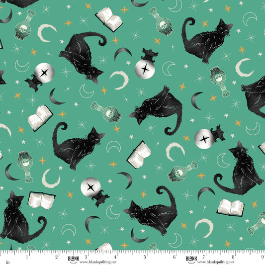 Witchy Wicked- Turquoise Black Cats, Crystal Balls, & Potion Books: Sold by the 1/2 yard