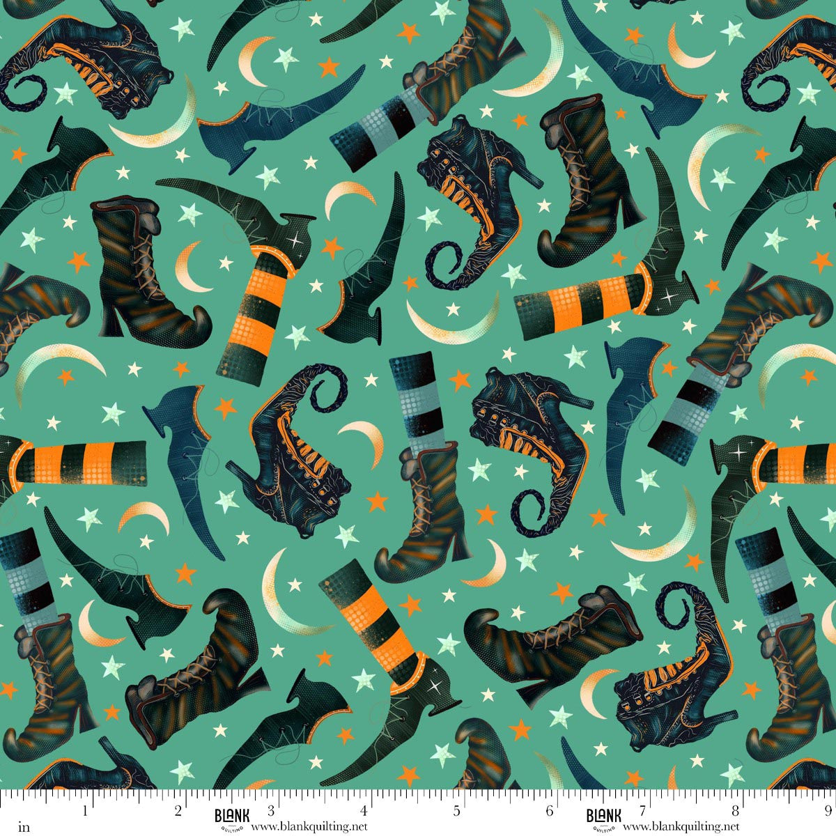 Witchy Wicked- Turquoise Witch Boots and Moons: Sold by the 1/2 yard