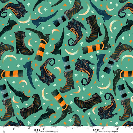 Witchy Wicked- Turquoise Witch Boots and Moons: Sold by the 1/2 yard