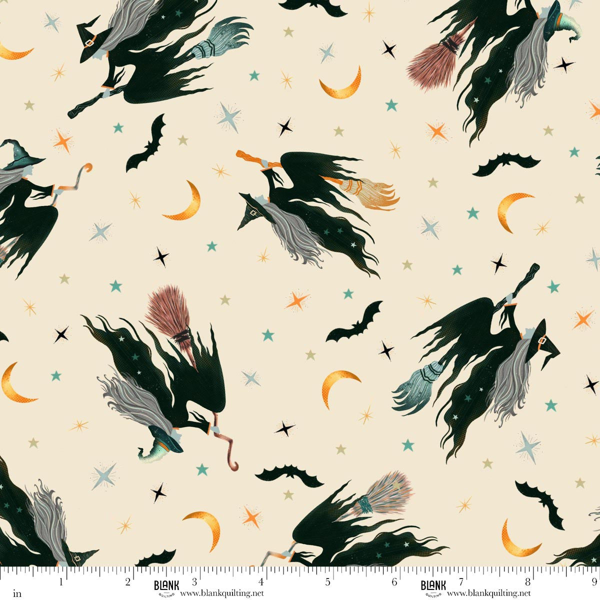 Witchy Wicked- Cream Witches Flying: Sold by the 1/2 yard