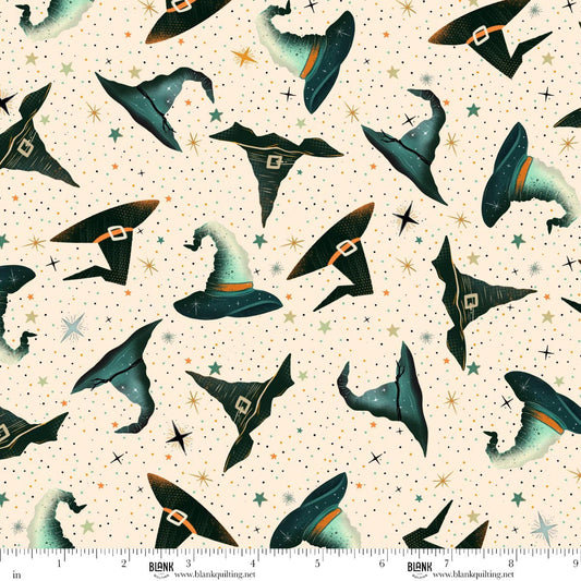 Witchy Wicked- Cream Witches Hats and Stars: Sold by the 1/2 yard
