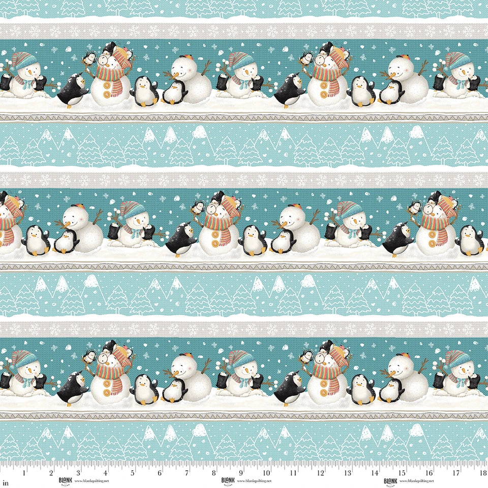 Snowmates- Ice Blue Border Stripe: Sold by the 1/2 yard
