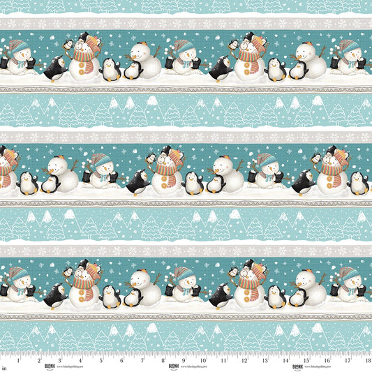 Snowmates- Ice Blue Border Stripe: Sold by the 1/2 yard