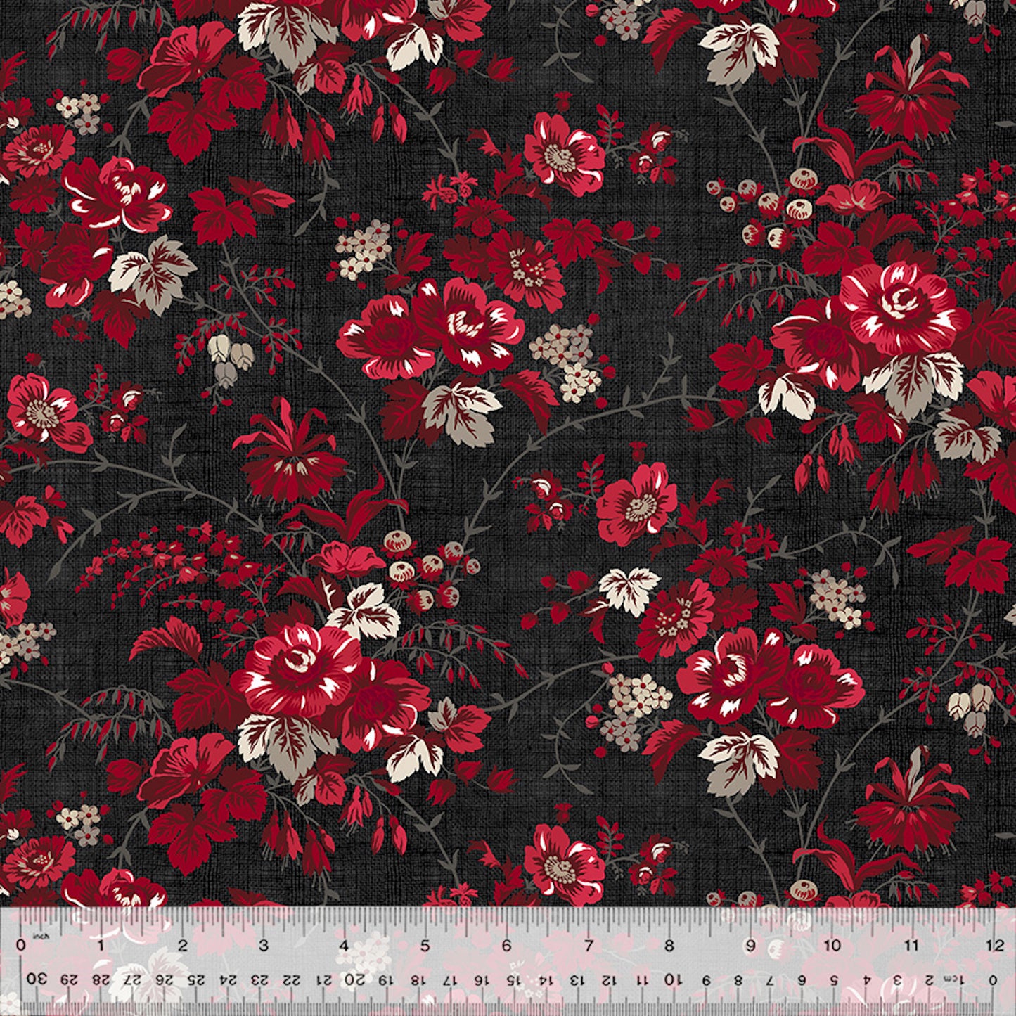 Sable & Scarlet- Black Posies: Sold by the 1/2 Yard