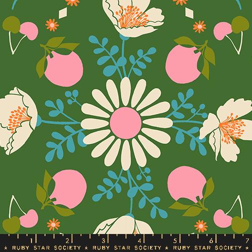 Juicy- Green Poppy Garden: Sold by the 1/2 yard.