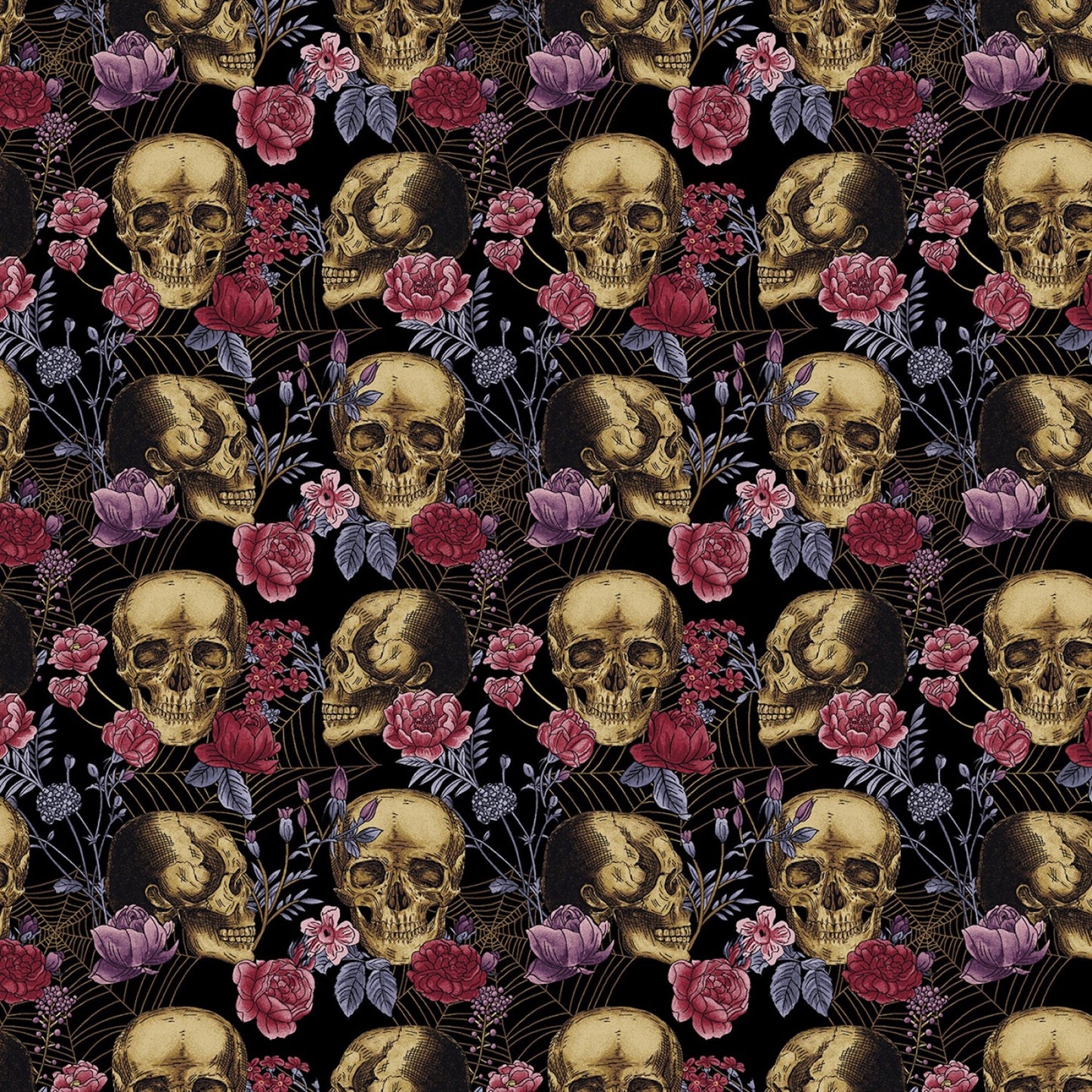 Bones- Black Skulls and Flowers