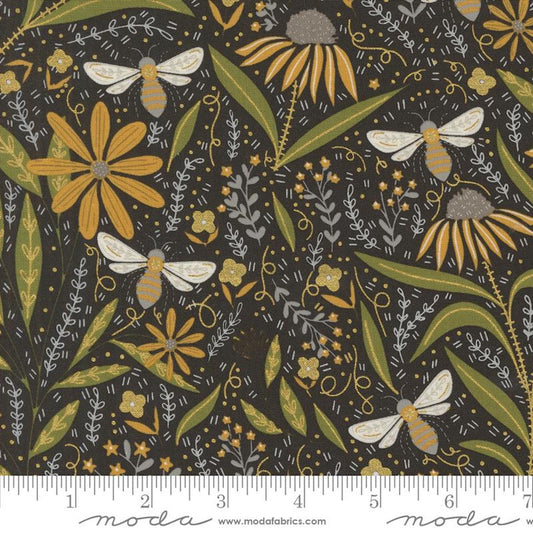 Bee Garden- Metallic Black Floral Bees: Sold by the 1/2 Yard