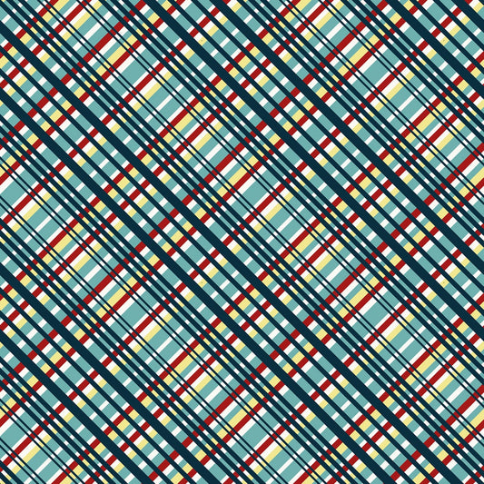 Zooming Chickens- Teal-Red Diagonal Plaid