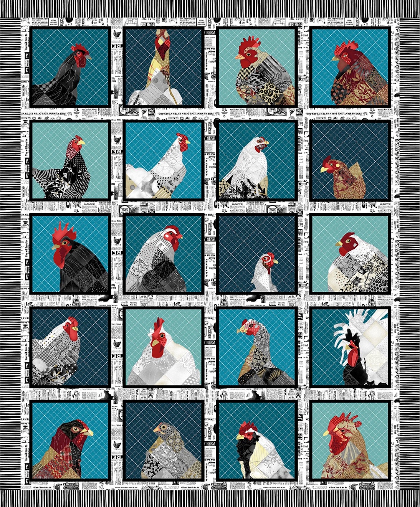 Zooming Chickens- Teal-Red 36in Panel