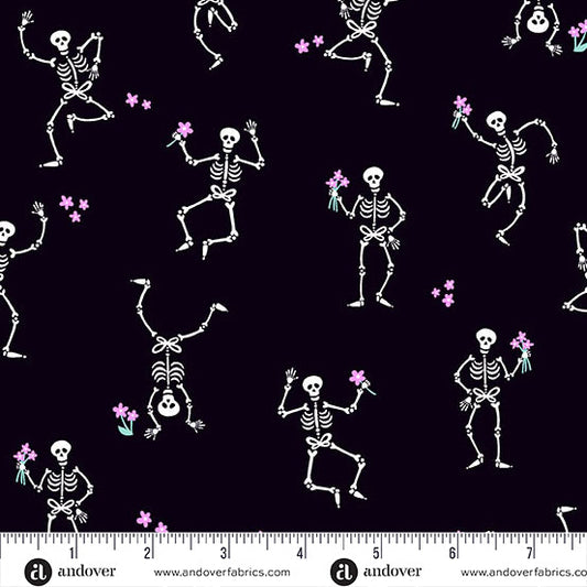 Ghostly Garden- Black Skeleton Jig: Sold by the 1/2 yard
