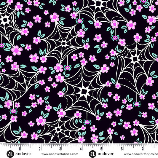 Ghostly Garden- Black Web and Bloom: Sold by the 1/2 yard