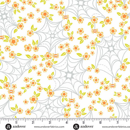 Ghostly Garden- White Web and Bloom: Sold by the 1/2 yard