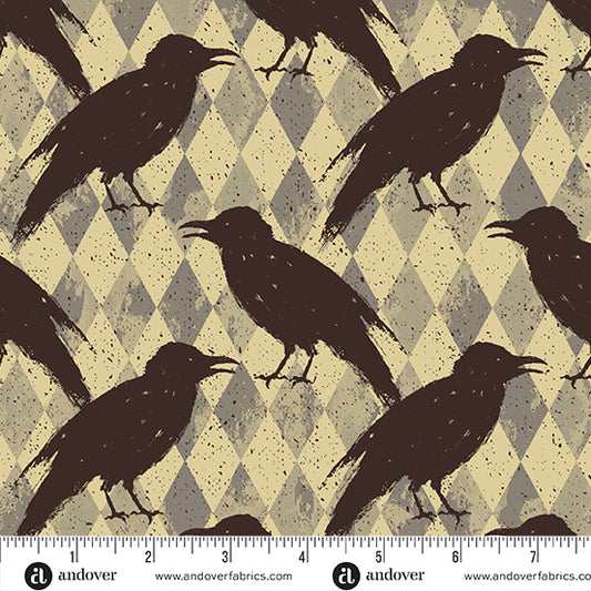 Nevermore- Cream Crow Harlequin: Sold By The 1/2 Yard.