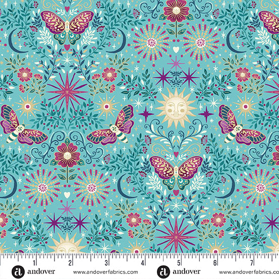 Luna- Teal Night Garden: Sold by the 1/2 yard