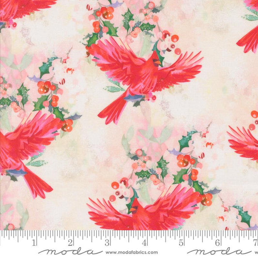 Love and Cheer- Snowflake Cardinal in Flight: Sold by the 1/2 yard