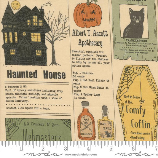 Home Sweet Haunt- Bone Vintage Newspaper: Sold by the 1/2 yard