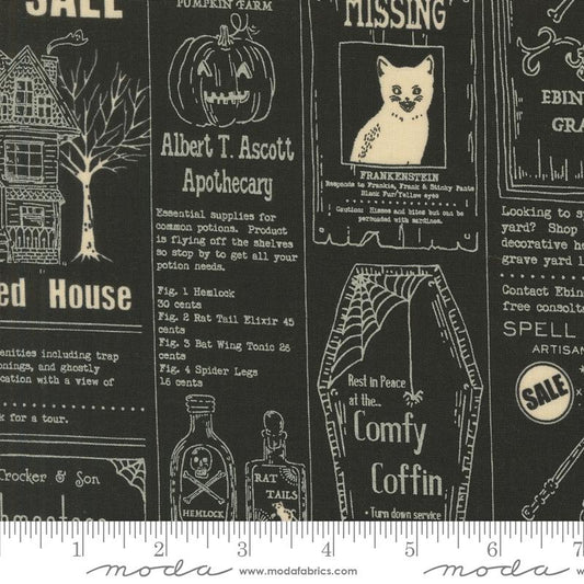 Home Sweet Haunt- Midnight Vintage Newspaper: Sold by the 1/2 yard