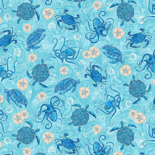 M'Ocean- Aqua Tossed Ocean Motifs: Sold by the 1/2 yard.