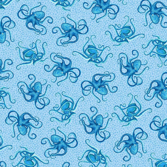 M'Ocean- Light Blue Tossed Octopuses: Sold by the 1/2 yard.