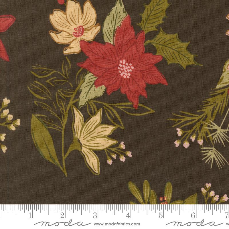 Old World Yuletide- Espresso Metallic Festive Florals: Sold by the 1/2 Yard